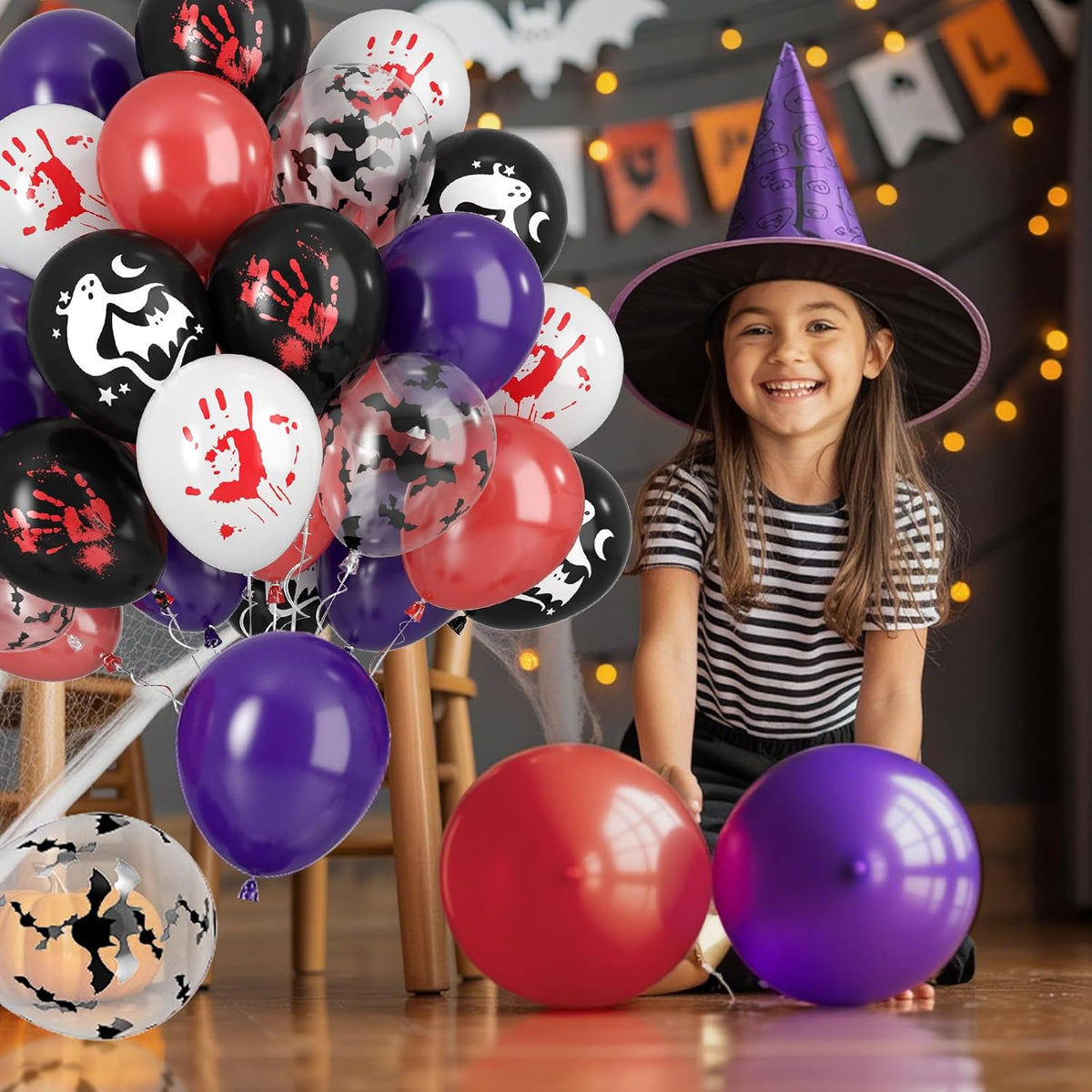 Paready Halloween Balloons, 50pcs Black Purple Red Balloons, Black White Bloody Handprint Balloon