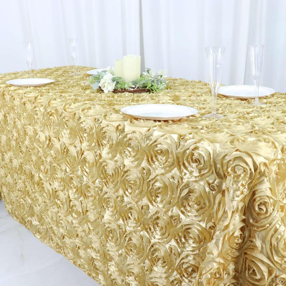 Efavormart 90"x132" Wholesale Rectangle Table Cover Champagne Grandiose Rosette 3D Satin Tablecloth