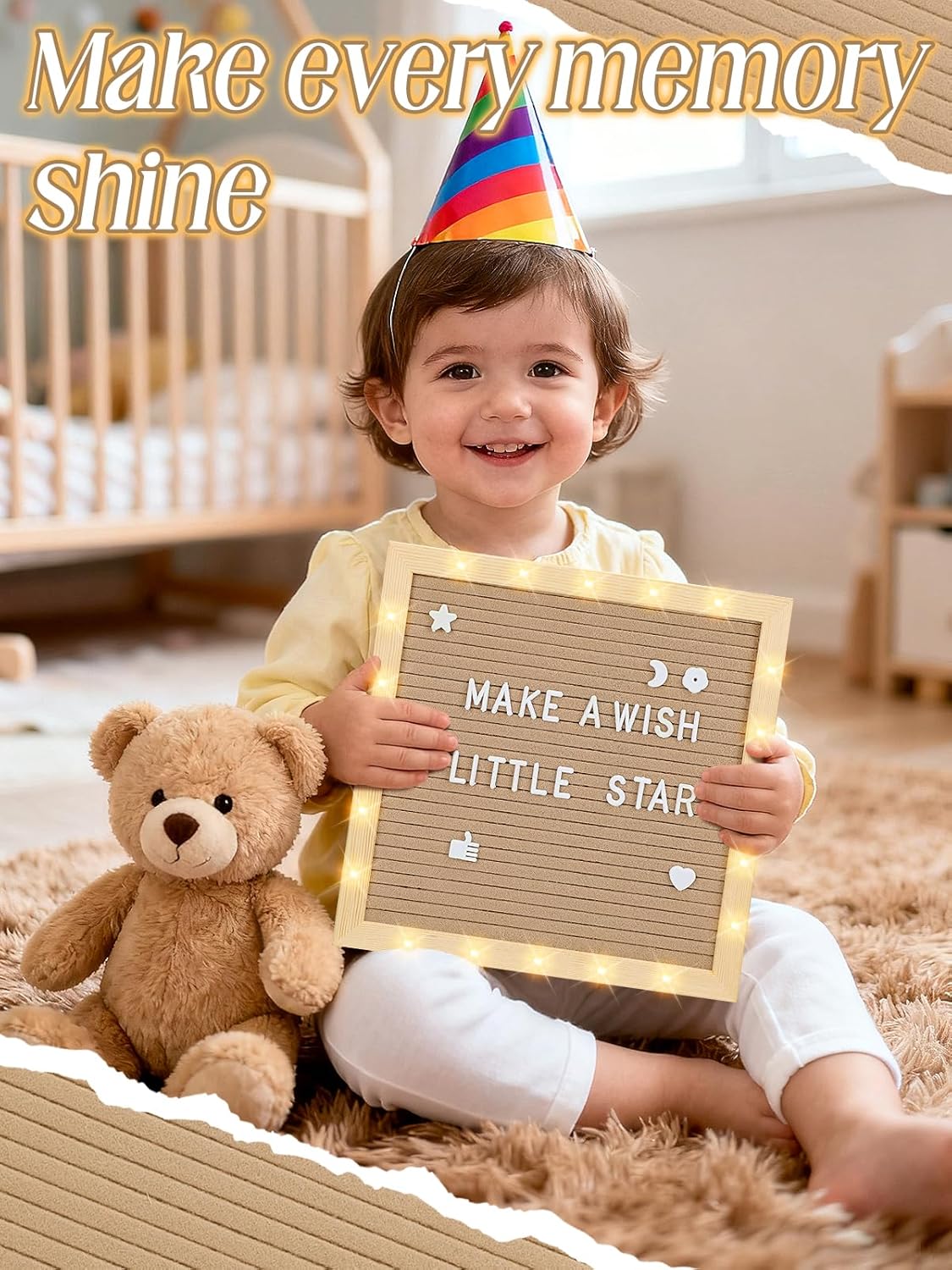 Light up Changeable Felt Letter Board Sign with LED Lights - 10×10" Message Board & Wood Stand &