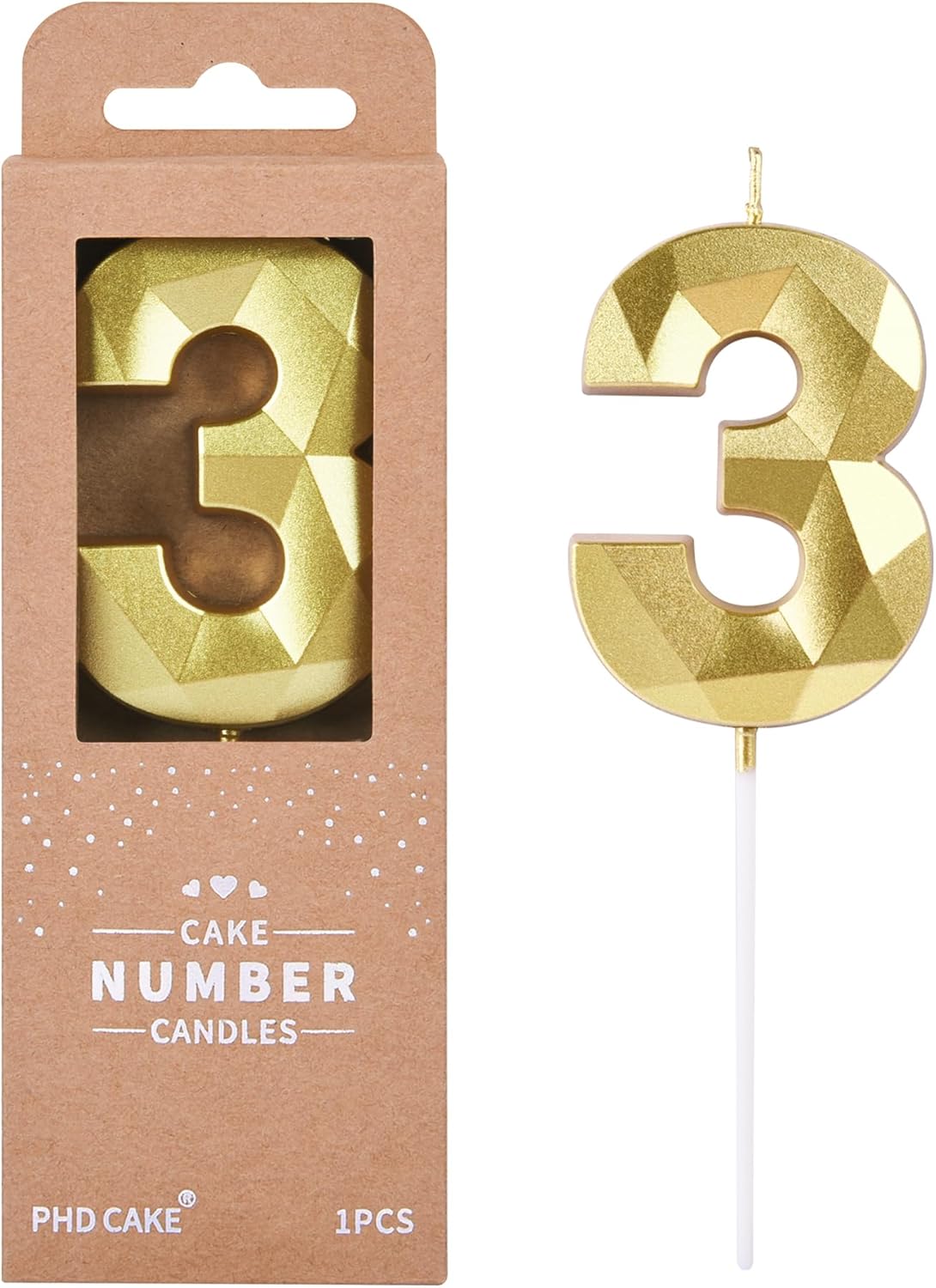 PHD CAKE 2.76 Inch Crystal Gold 3 Number Birthday Candles, Gold Number Candles, Cake Number
