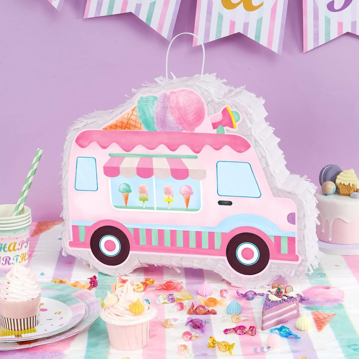 WERNNSAI Ice Cream Piñata -15.7'' x 12.2'' Ice Cream Truck Piñata with Stick and Blindfold Birthday