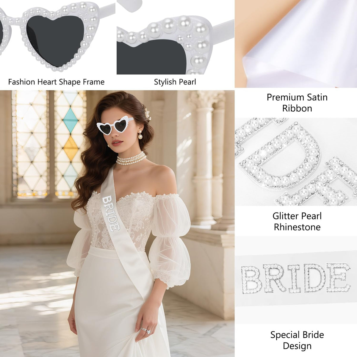 4 Pcs Bachelorette Party Decorations, BRIDE Crown,Pearl Bride Sash,White Bow Bride Veil,Bride