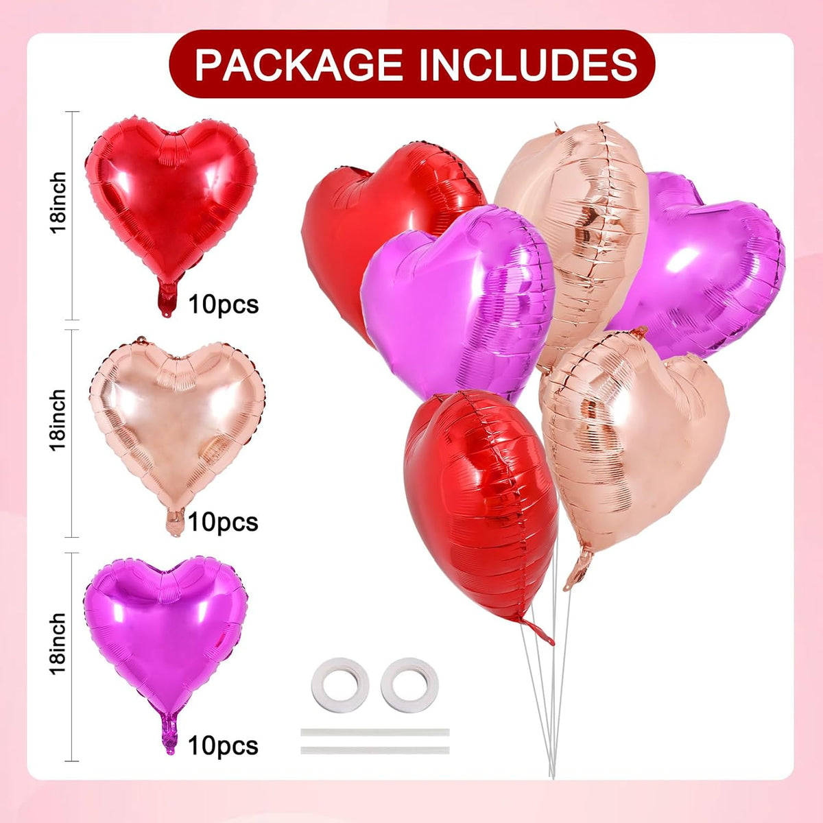 TONIFUL 30Pcs 18 Inch Heart Balloons Red Hot Pink Rose Gold Valentine’s Day Heart Shape Foil Mylar