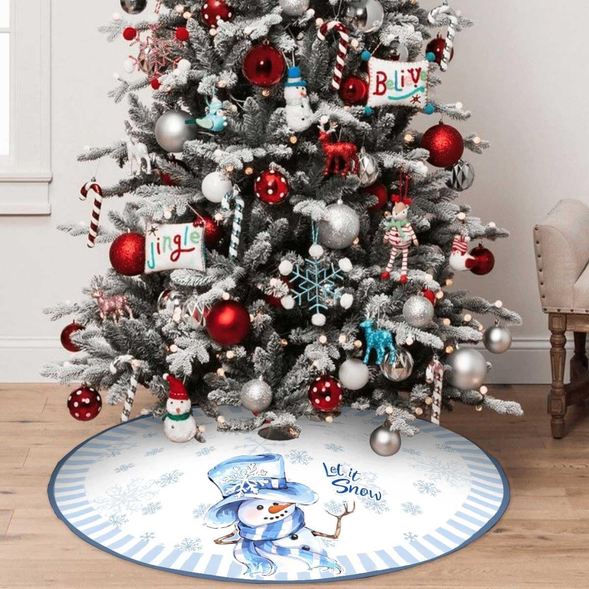 Let It Snow Snowman Christmas Tree Skirt 36 Inches, Blue Snowflake Tree Skirt, Winter Xmas Tree Mat