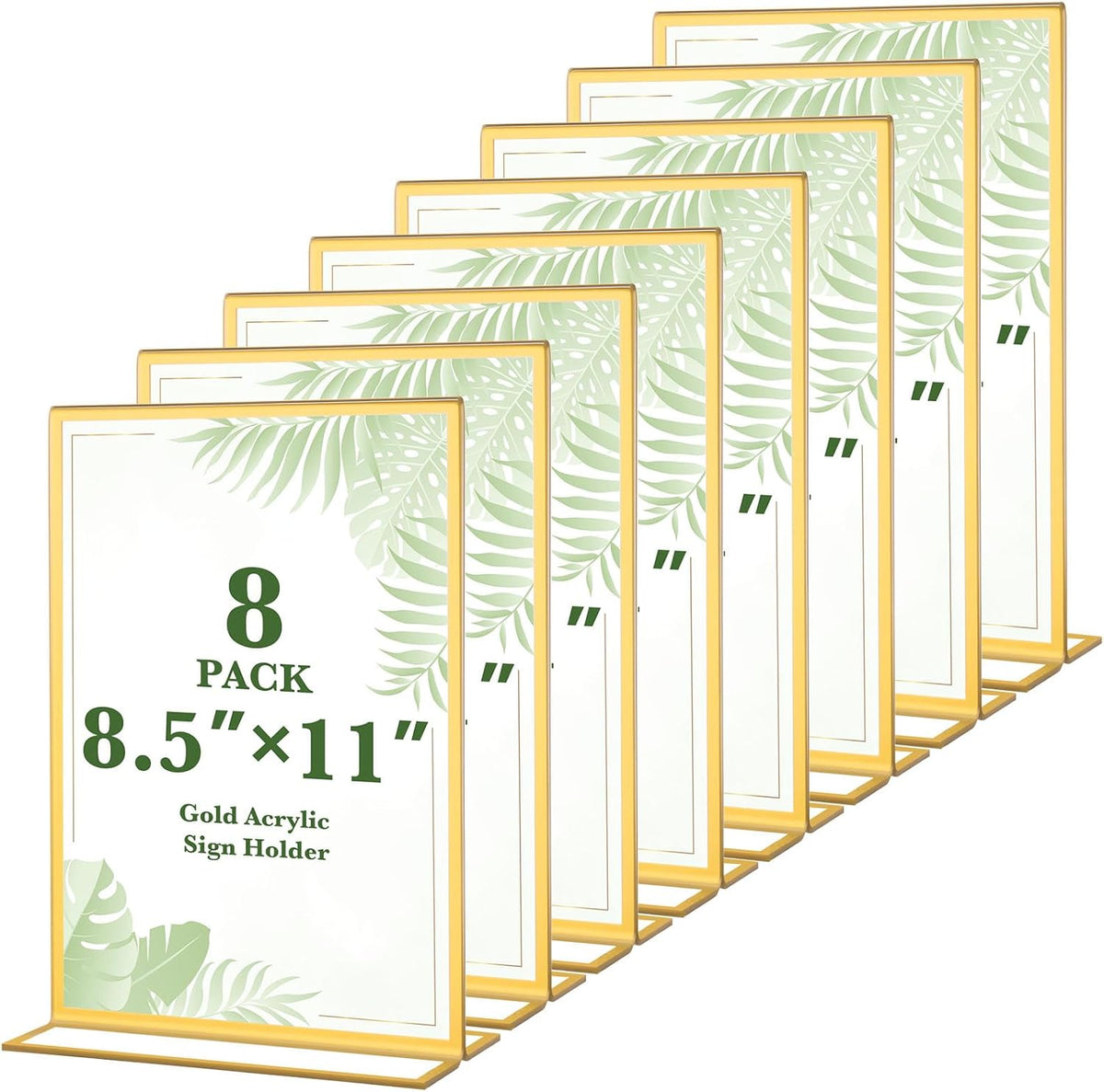 8 Pack Gold Acrylic Sign Holders 8.5x11 Inch, Double Sided Vertical Stand Clear Frames, Table Menu