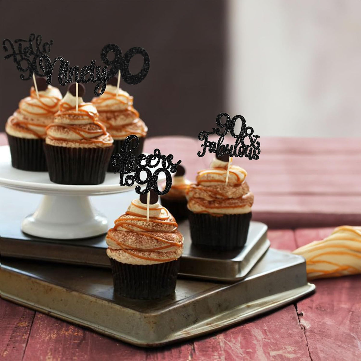 Gyufise 30Pcs Happy 90th Birthday Cupcake Toppers Black Glitter Ninety Cheers to 90 Years Old