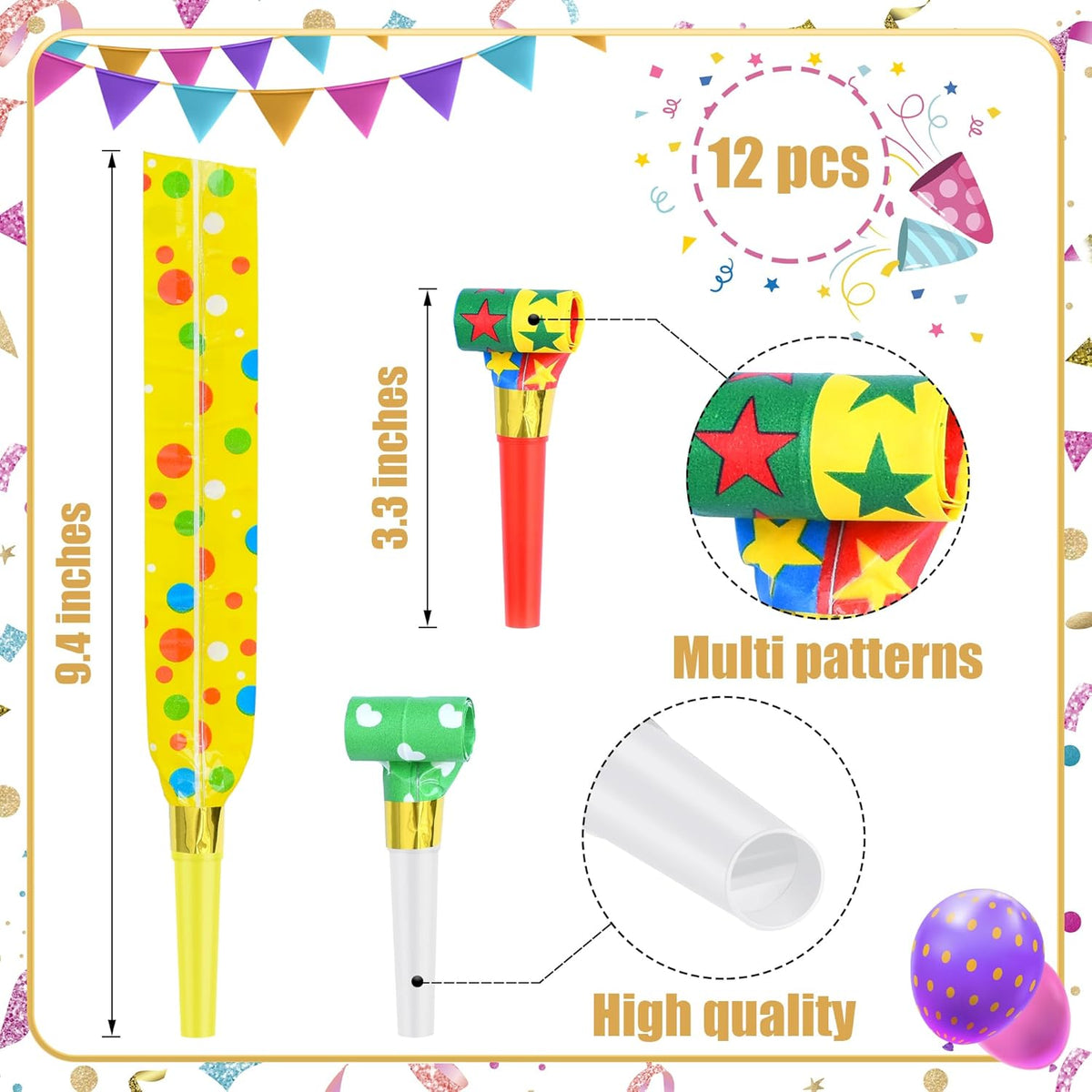 12 Pcs Party Blower Colorful Blowouts Noisemakers Birthday Blowouts Whistles for Party