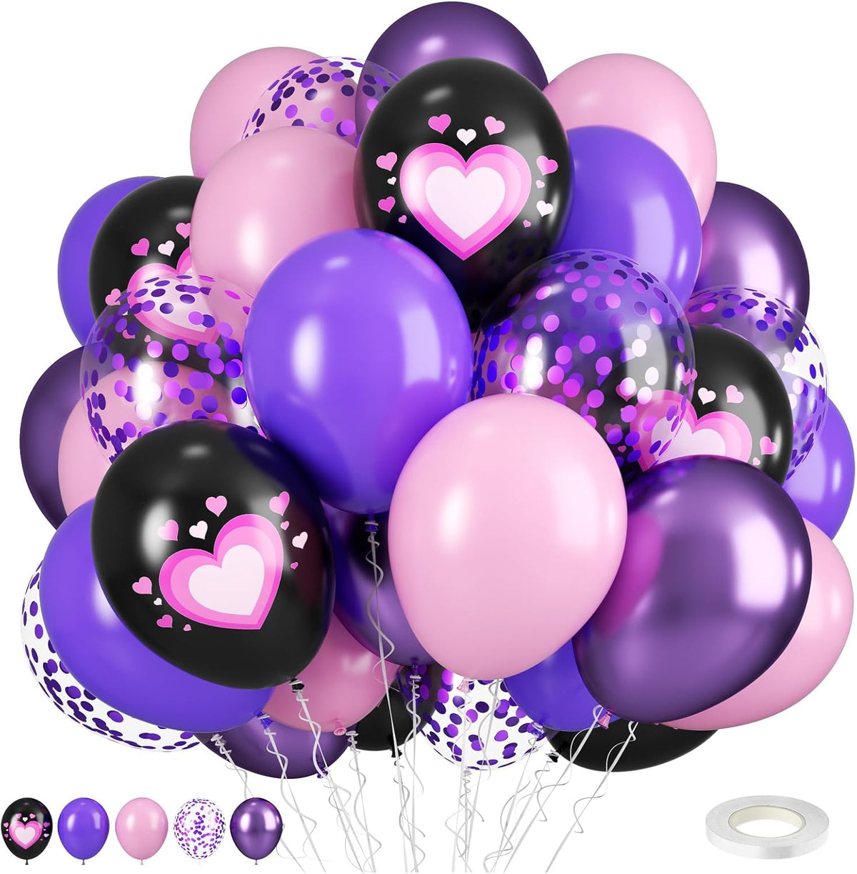 Pink Purple Black Balloons, 50PCS 12 Inch Black Macaron Metallic Purple Pink Birthday Heart Printed
