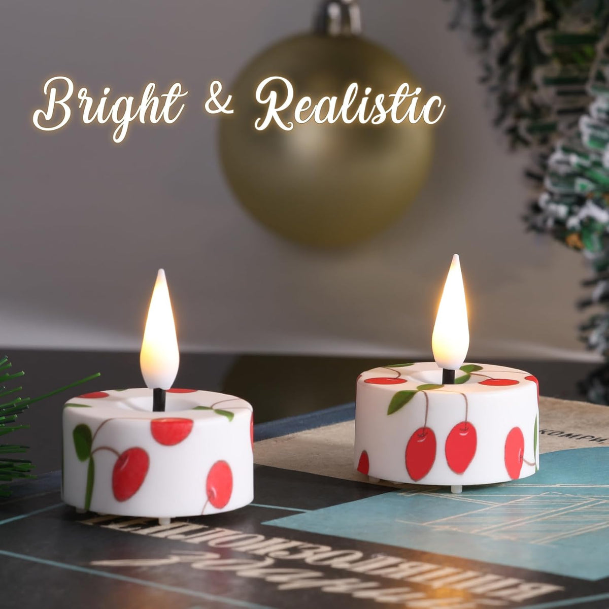 Eywamage Cherry Flameless Tealights with Remote Batteries, Flickering Plastic LED Tea Votive