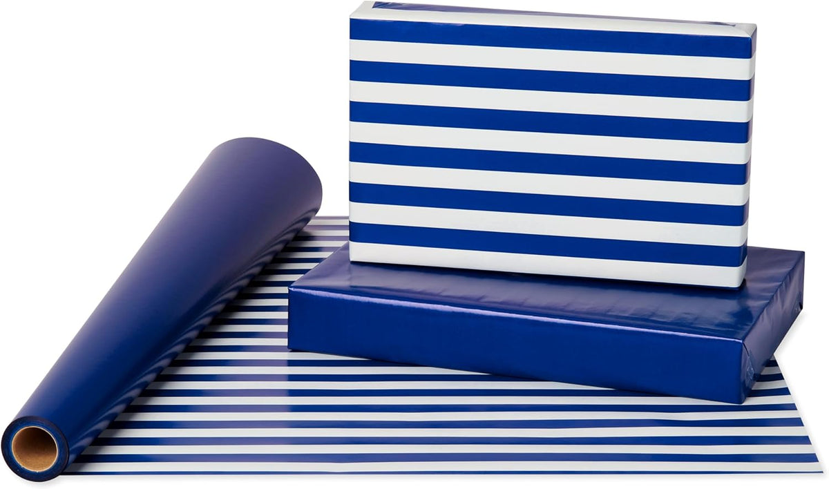 American Greetings Reversible Wrapping Paper Jumbo Roll for All Occasions, Navy and Stripes (1