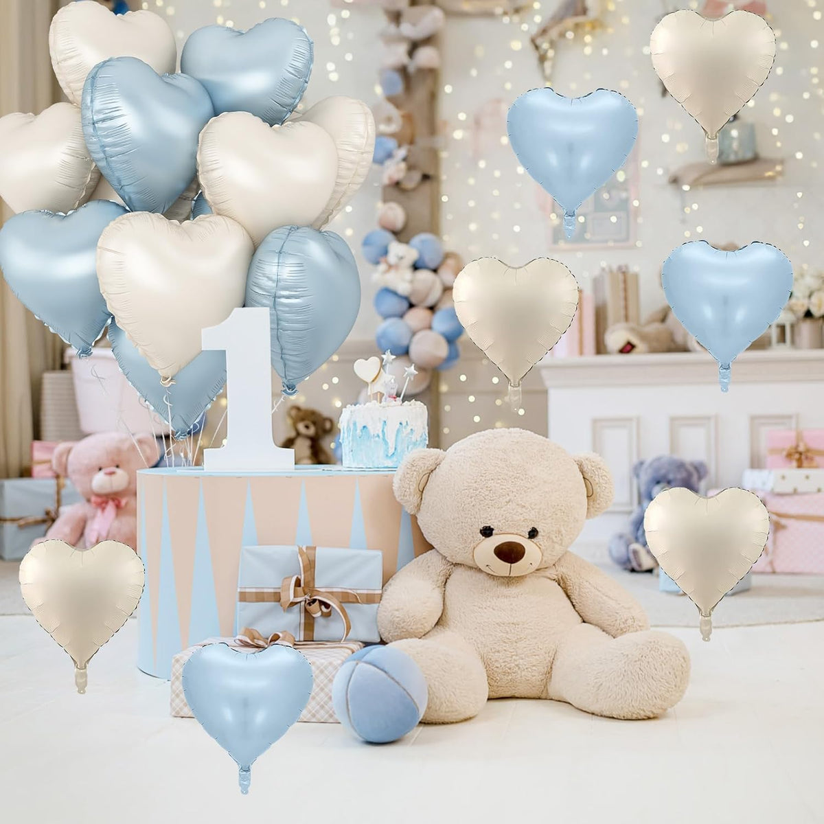 Blue White Heart Balloons, 18 Inch Baby Blue Cream Foil Heart Balloons, 10PCS Light Blue Nude Heart