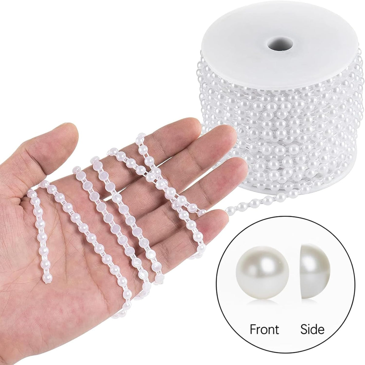 Half-Round Pearl Bead Garland String 27 Yards, 6MM Flat Pearl Beaded Spool Roll Crafts for Wedding