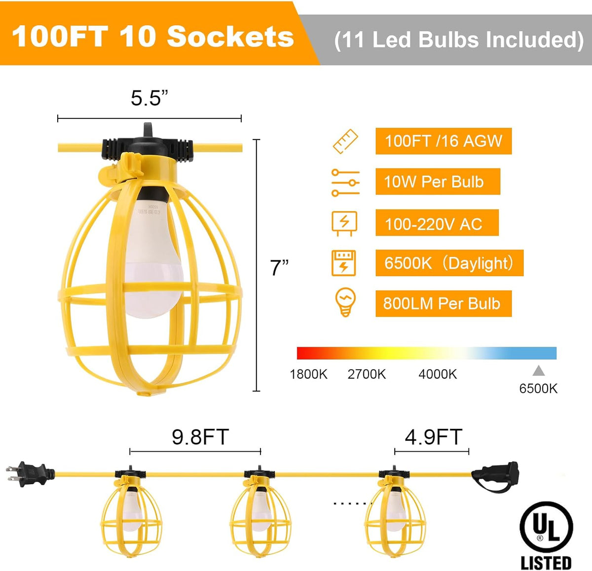 100FT Construction String Lights, 100W 11 Bulbs Work Lights with E26 Base, Construction Lights IP65