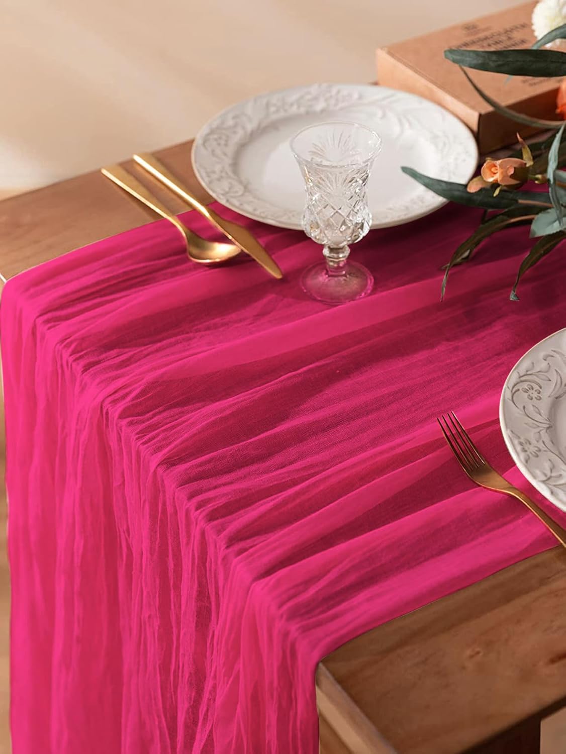 8 Pack Hot Pink 10 Ft Cheesecloth Table Runner 35x120 Inch Boho Wrinkled Sheer Romantic Gauze Decor
