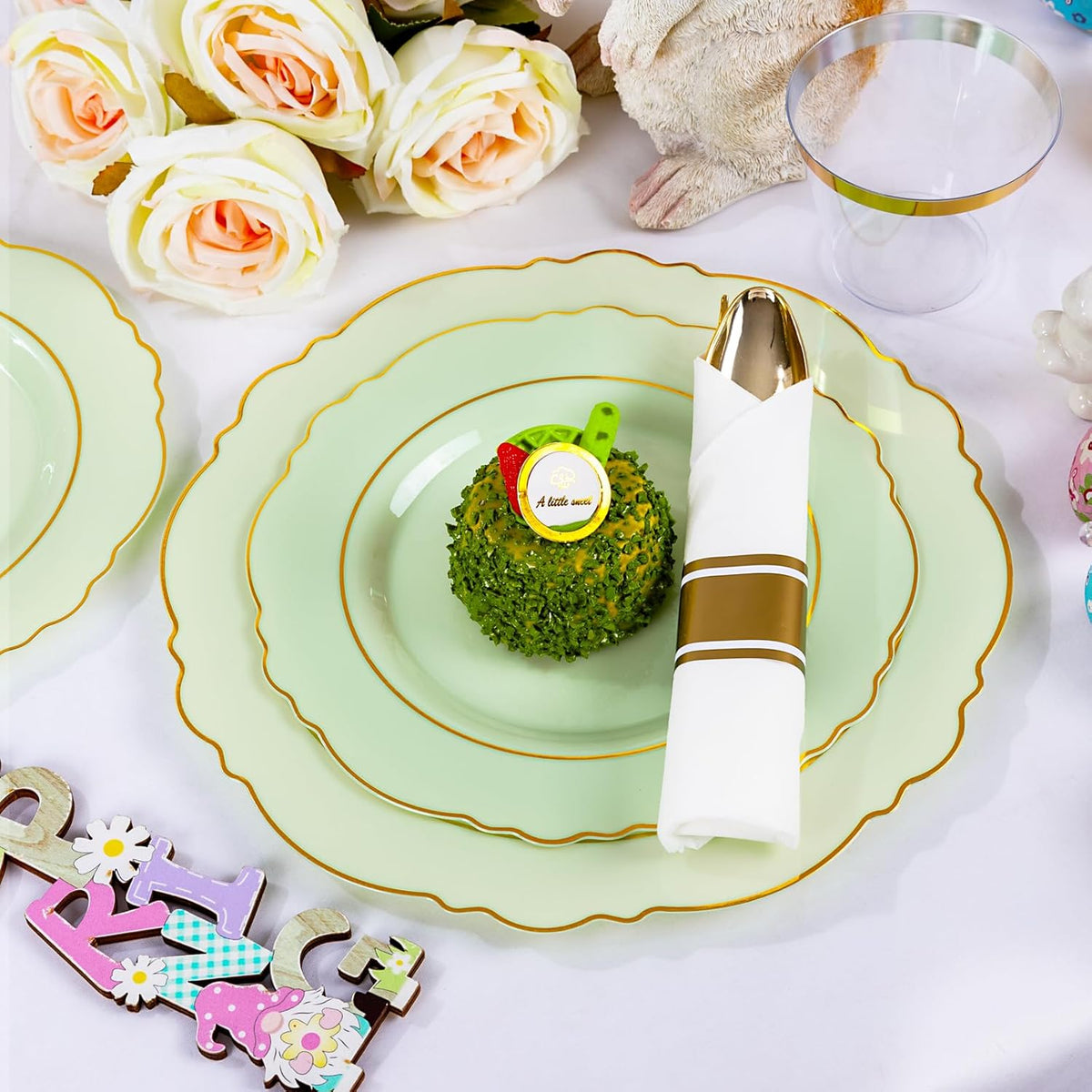 Liacere 350PCS Light Green Plates - Disposable Green and Gold Plastic Plates 50guest Baroque