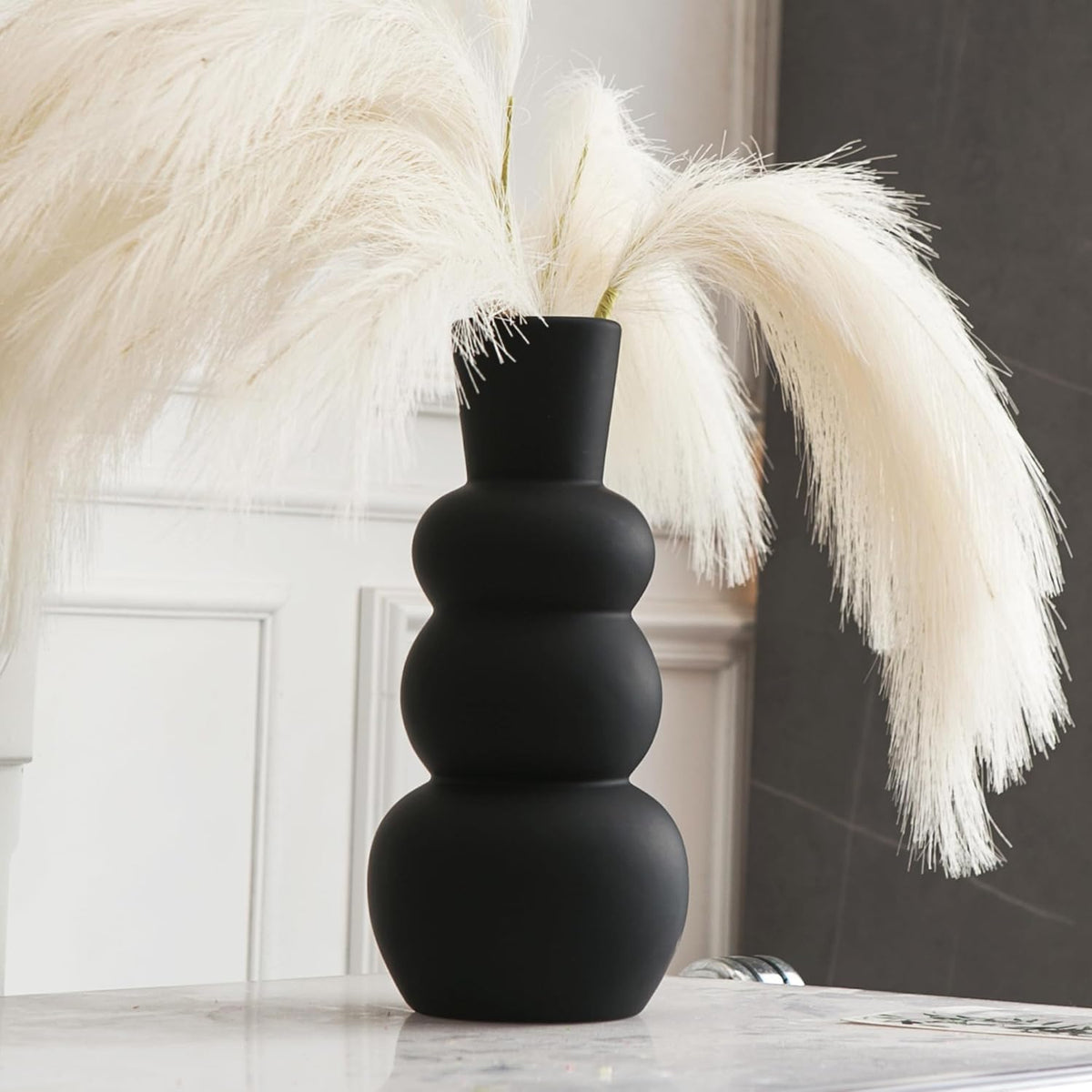 Black Vase, Modern Ceramic Vase, Black Matte Clay Vases for Pampas Grass, Minimalist Home Fresh