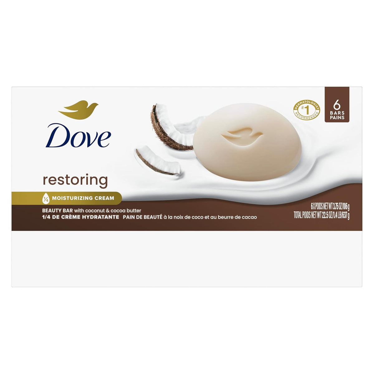 Dove Beauty Bar Soap Restoring Coconut & Cocoa Butter 6 Count for Restored Skin, Nourishes Skin