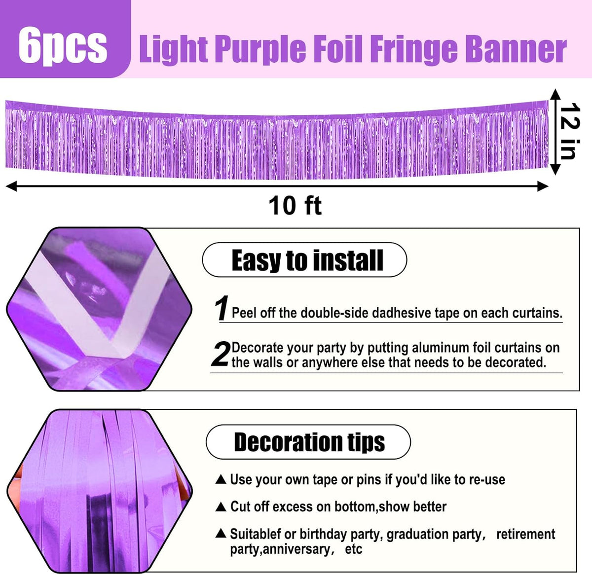6 Pack 10 Feet Light Purple Foil Fringe Garland Metallic Tinsel Streamers Banner Wall Hanging