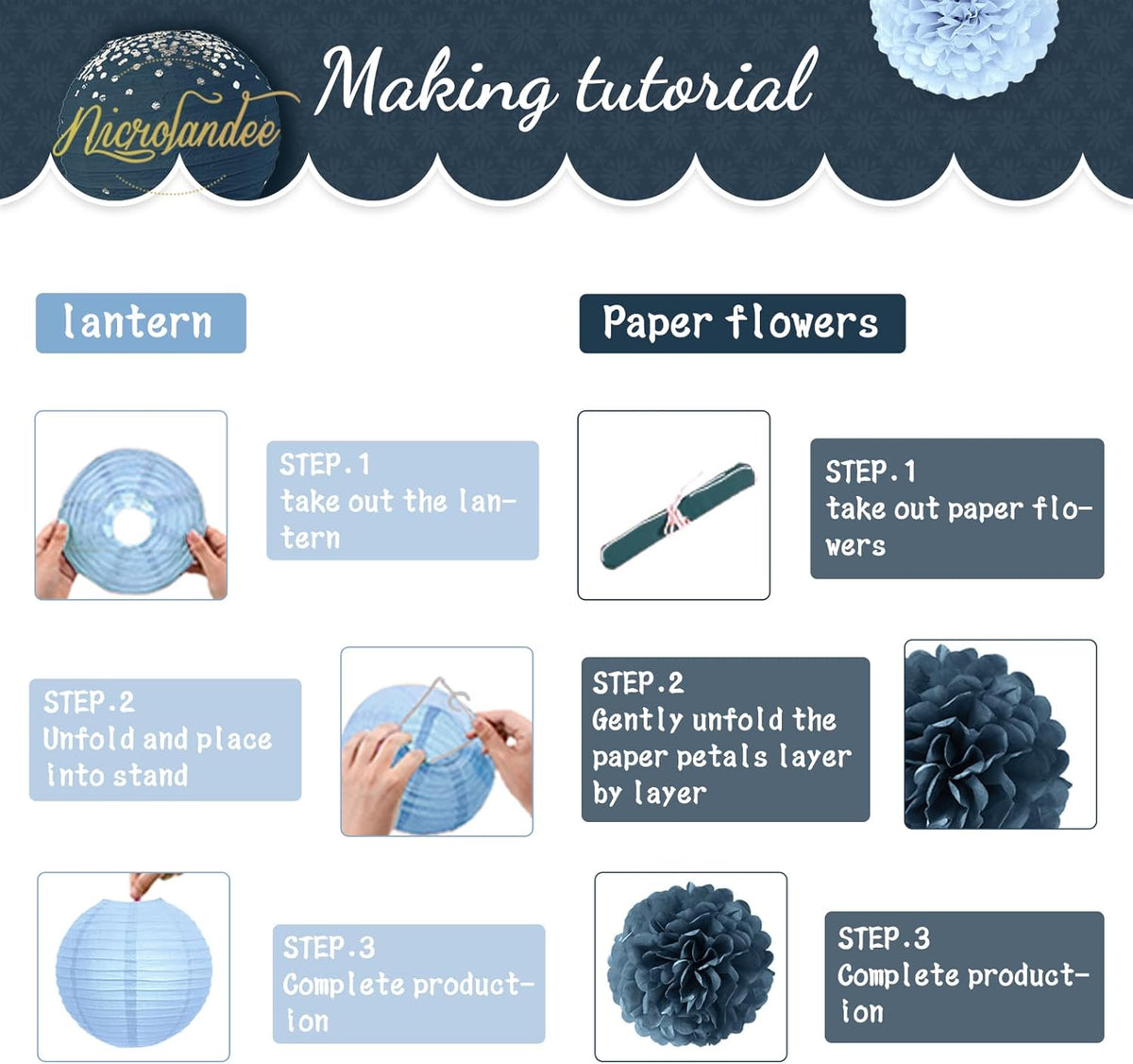 NICROLANDEE Dusty Blue Wedding Decorations, 12 PCS Blue Grey Tissue Pom Poms Paper Lanterns Decor