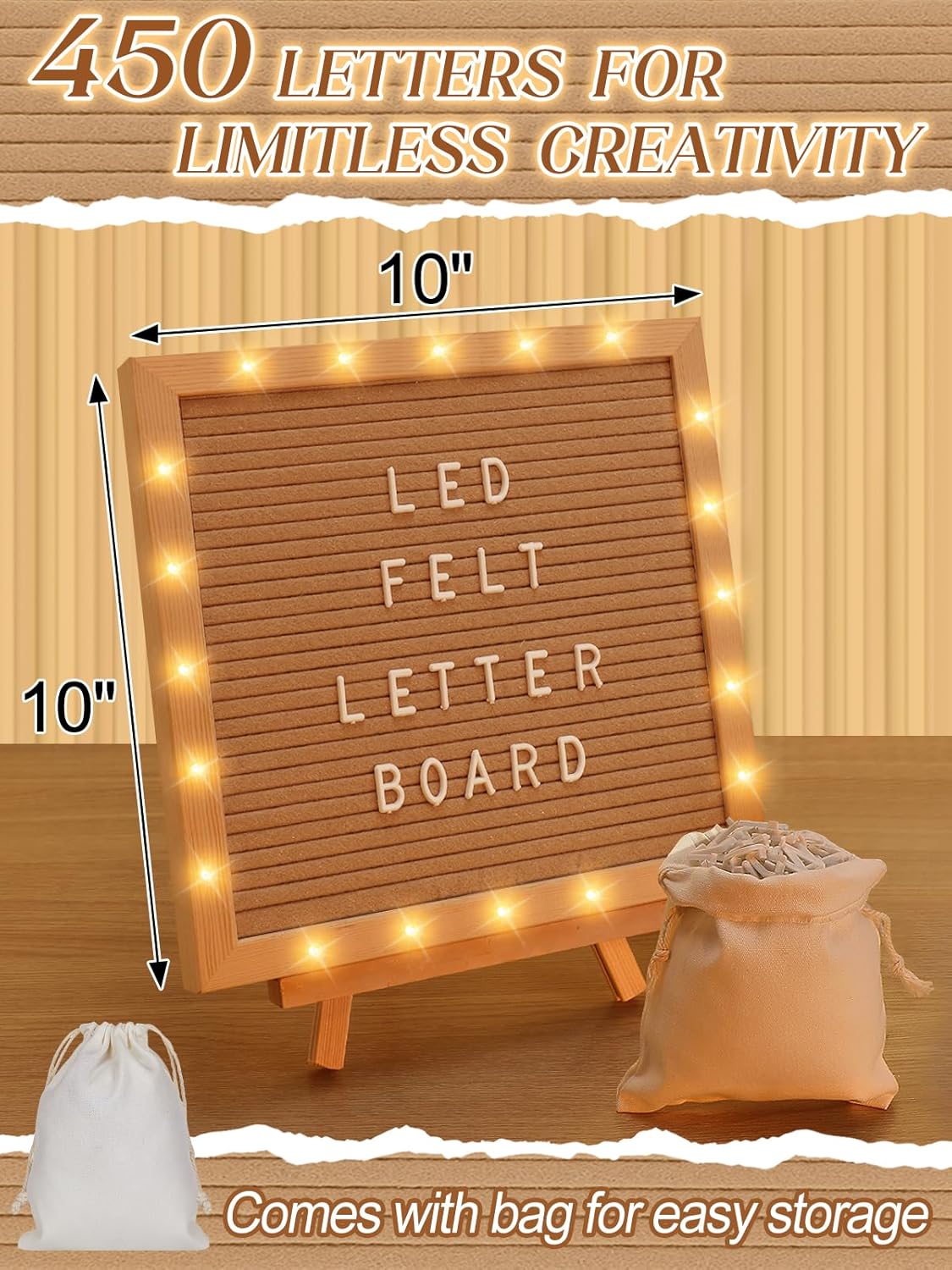 Light up Changeable Felt Letter Board Sign with LED Lights - 10×10" Message Board & Wood Stand &