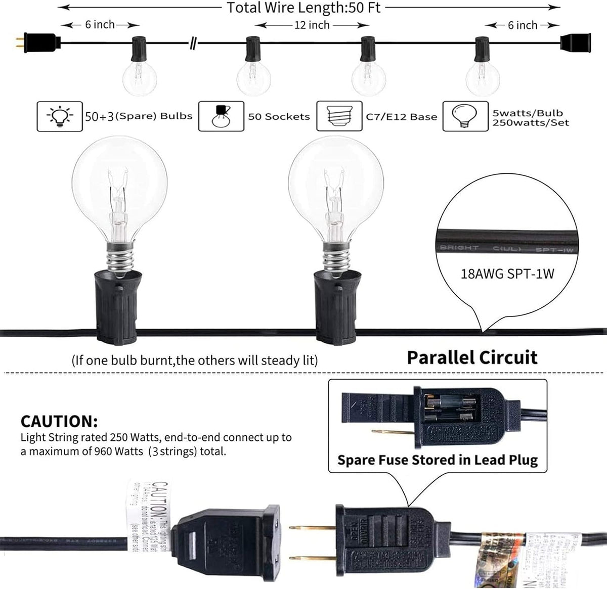 SUNSGNE 50ft Outdoor Globe String Lights G40 Patio String Lights with 53 Bulbs Connectable