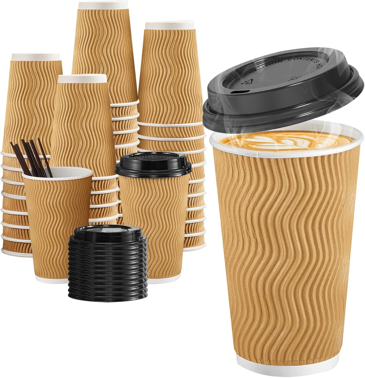 SIUQ 16 oz Coffee Cups-90 Pack Disposable Coffee Cups with Lids and Straws, Insulated Ripple Wall