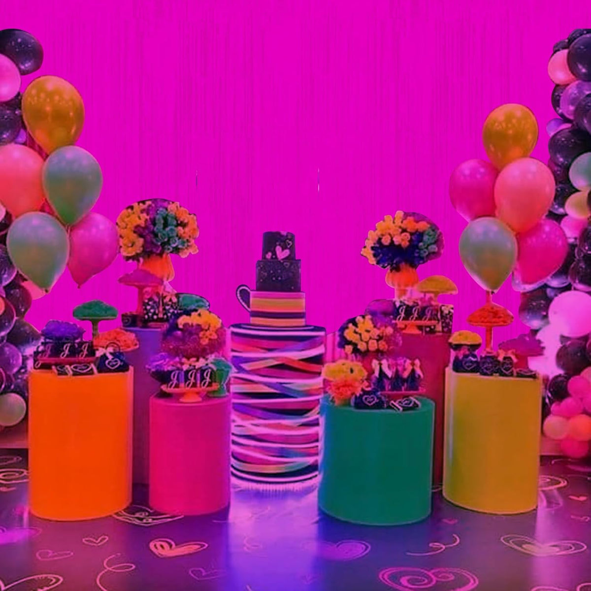 3 Pack 3.3Ft x 6.6Ft Hot Pink Glow in The Dark Foil Fringe Curtain Backdrop Party Supplies
