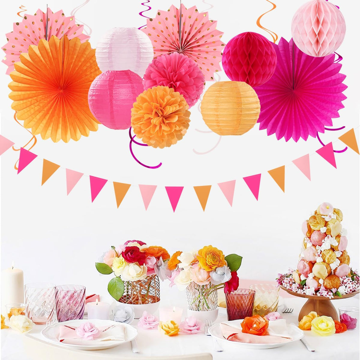 Pink-Orange Fall Party-Decorations Paper-Flowers Lanterns - 20PCS Autumn Wedding Birthday Tissue