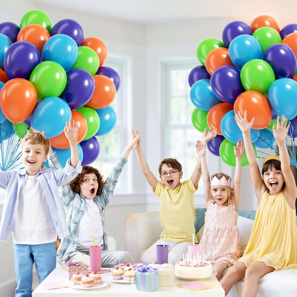 60pcs Blue and Orange Balloons 12inch with Purple Light Green Orange Blue Balloons for Cartoon Dog