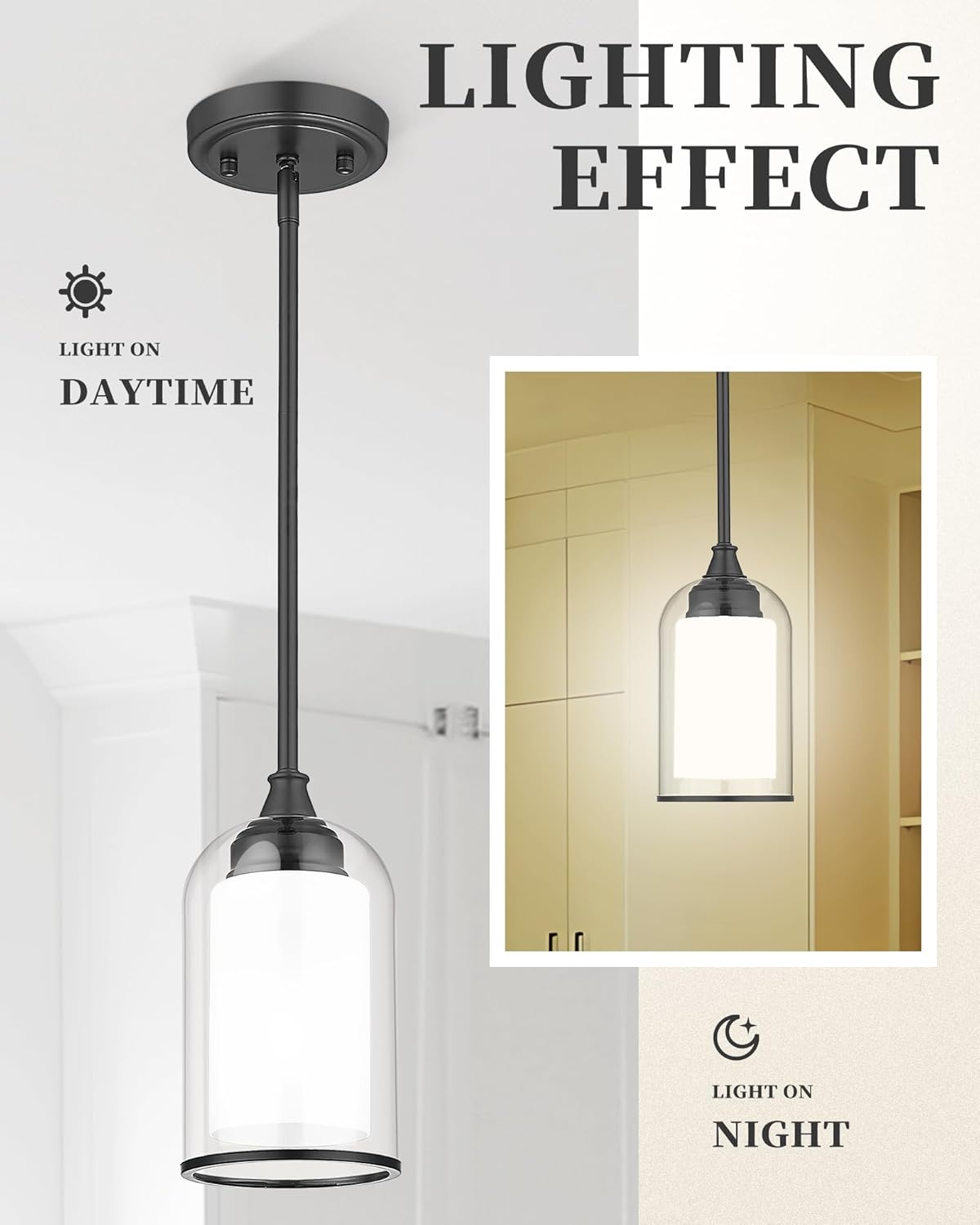 LIROUVET 2 Pack Pendant Lights Kitchen Island, Dual Glass Pendant Lights, Black Hanging Lamp with