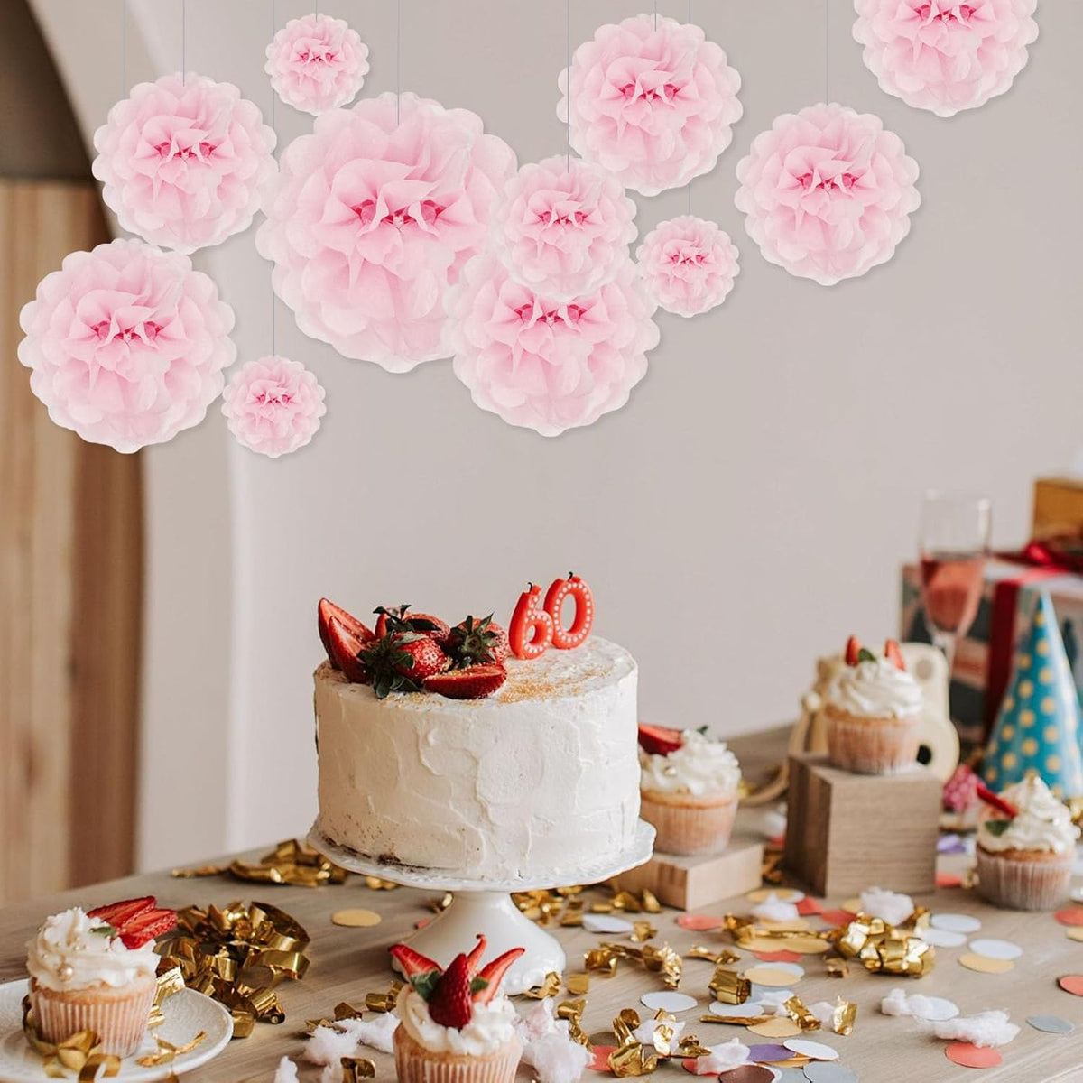 Tissue Paper Pom Poms, Light Pink Tissue Paper Flowers, Hanging Flower Balls for Weddings Fiesta