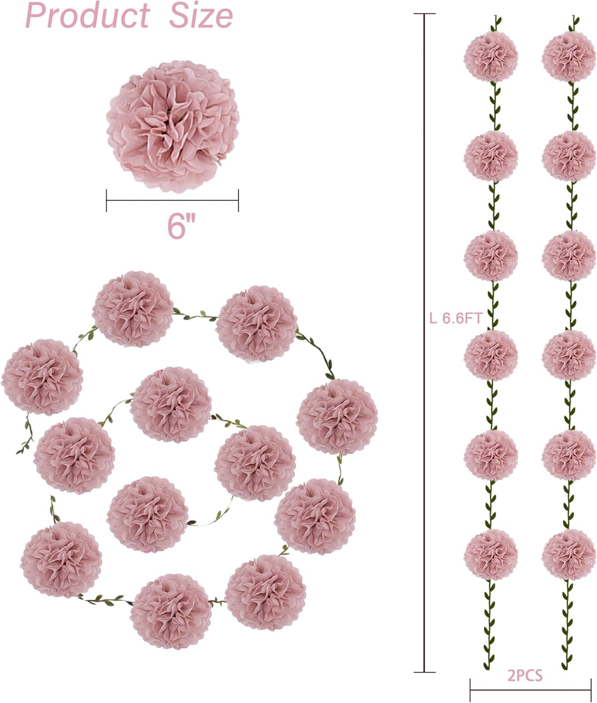 2 Pack Rose Pink Tissue Paper Pom Pom Garlands Hanging with Cloth Vine for Nature Garden Fence