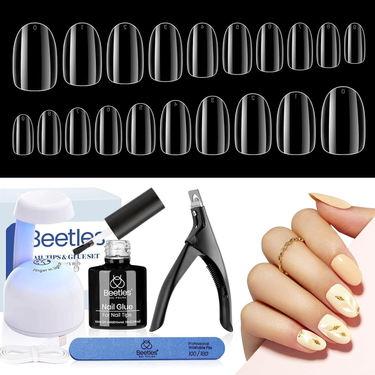 Beetles Nail Tips 240 Pcs Short Oval Nail Kit 5 In 1 Nail Glue Base Gel Uv Led Lamp Press on Nails