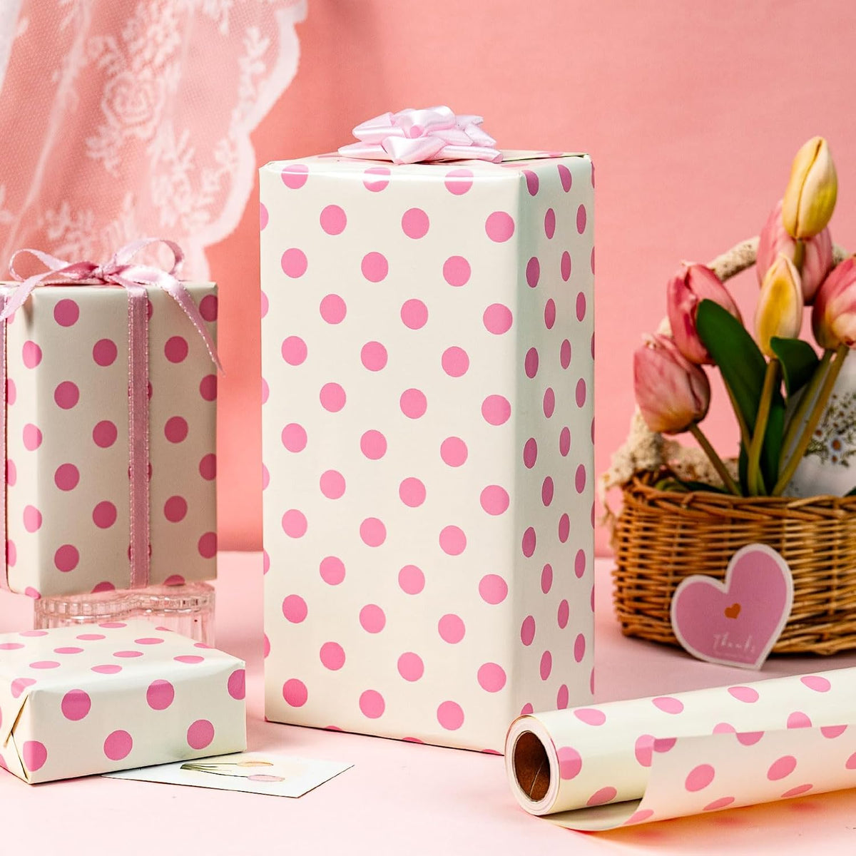 Burymento Pink and Beige Dots Wrapping Paper, Reversible Pink Gift Wrap for Birthday, Valentines