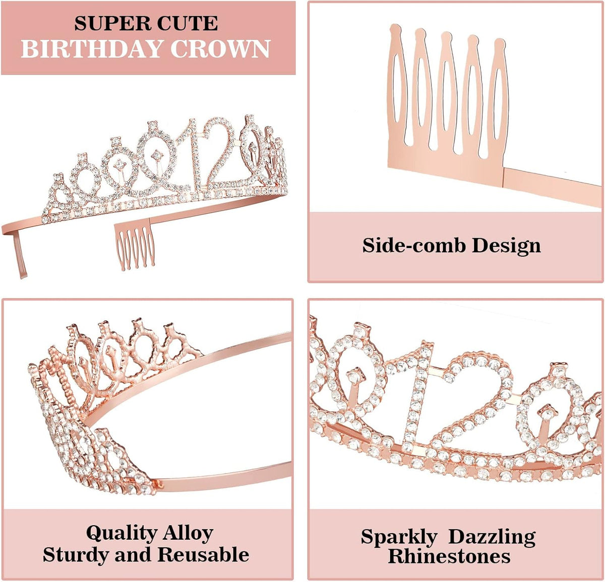 12th Birthday Decorations for Girls Including Sash, Crown/Tiara, Candles and Cake Topper, Rose Gold