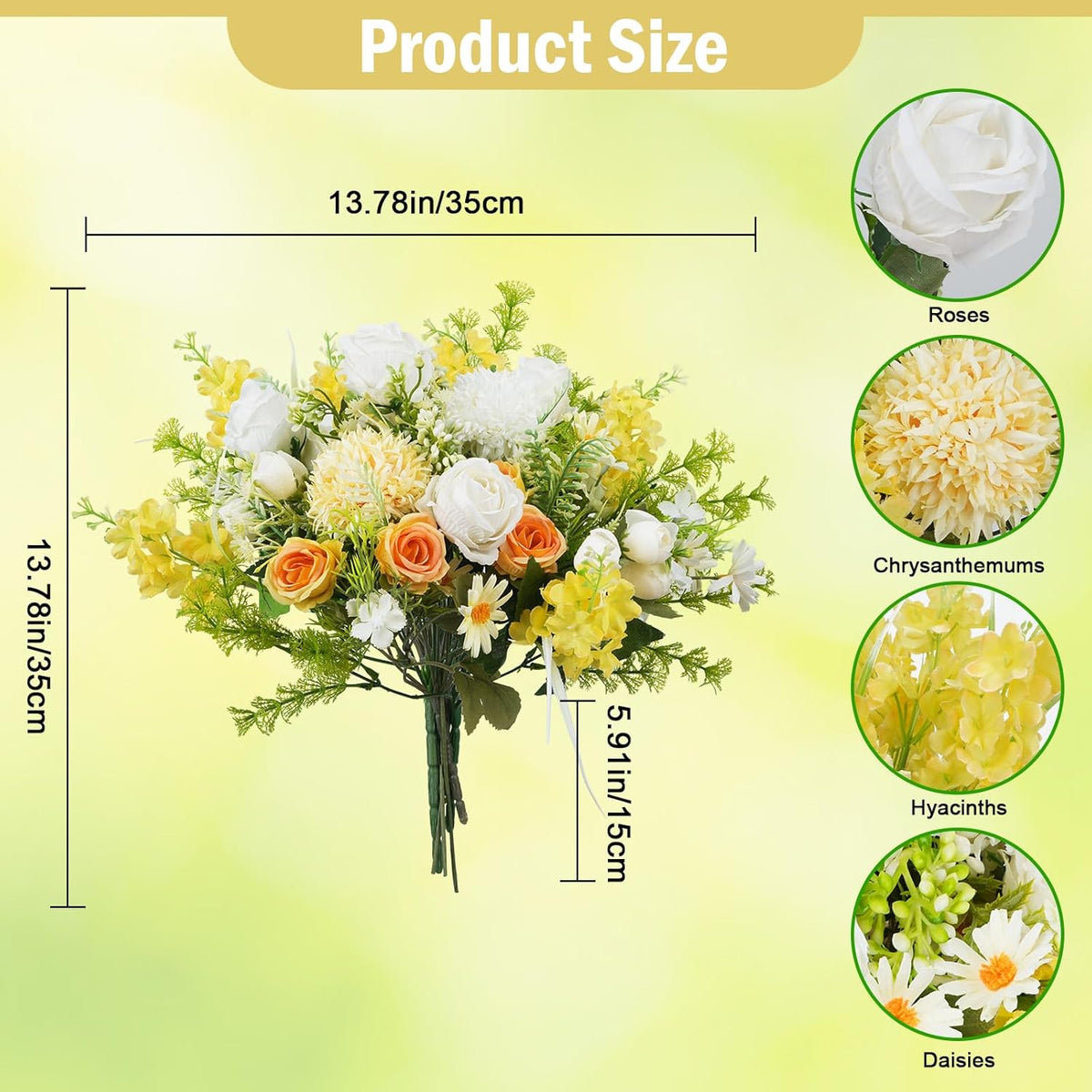 8Pcs Fake Flower Bouquet Artificial Silk Flowers White Yellow Rose Faux Floral Arrangements Picks