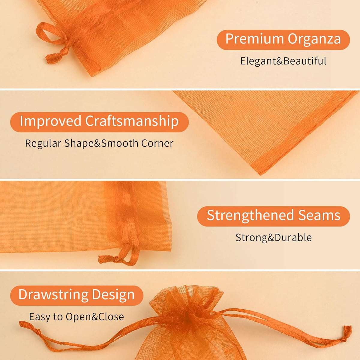 50 Pcs Orange Organza Bags 4x6 Inch, Small Mesh Drawstring Gift Bags for Halloween Treats, Candy