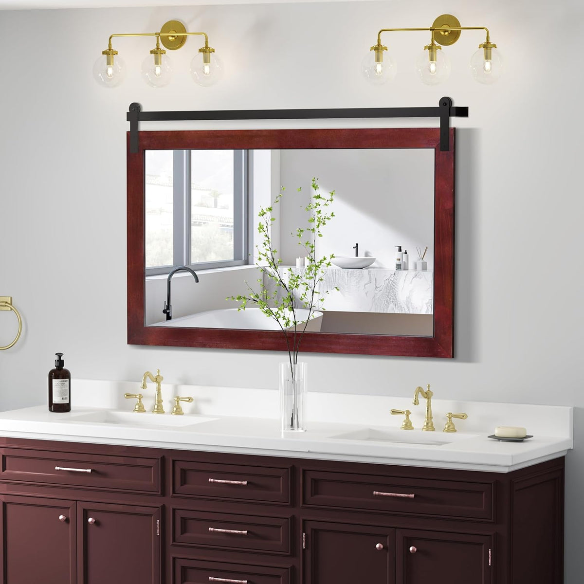 COGOOD Farmhouse Bathroom Mirror - 45 x 30 Rustic Wood Framed Wall Barn Door Mirror for Entryway