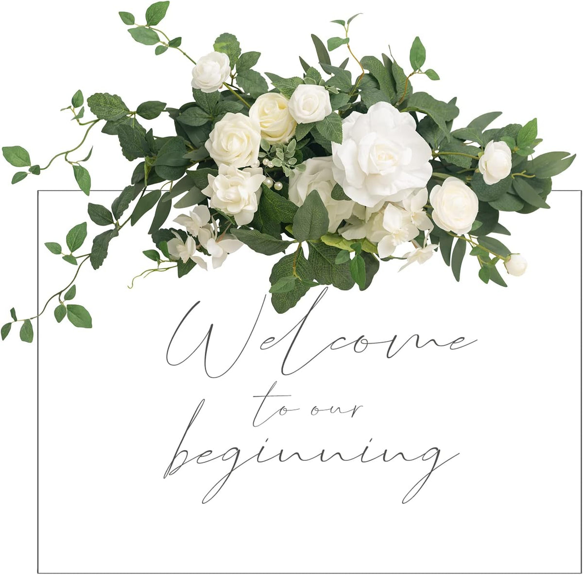 Ling's Moment Wedding Floral Swag Welcome Sign Artificial Flowers Backdrop Garland White Sage Green