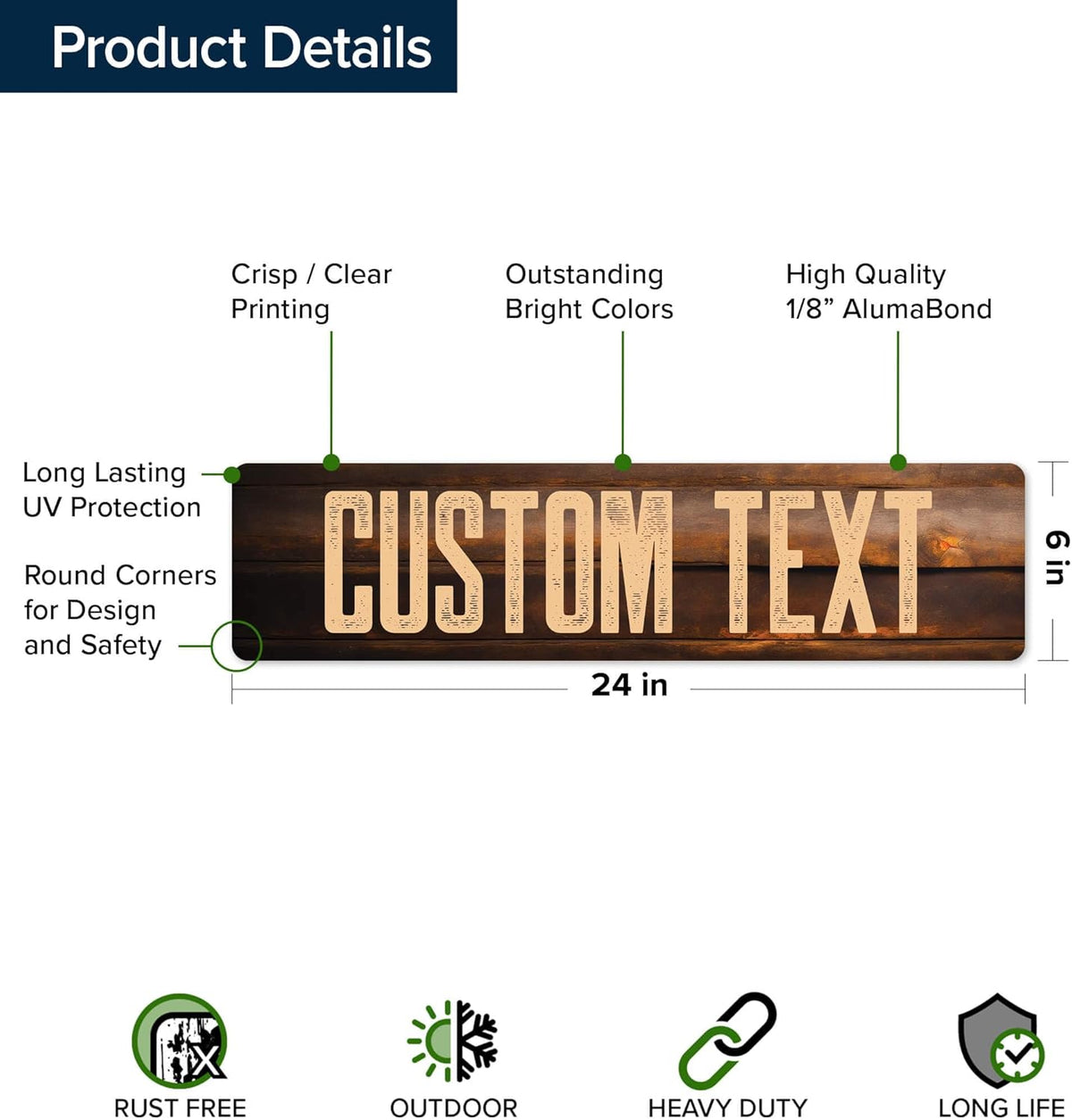 Custom Sign, Custom Street Sign, 11 Font Colors, 13 Font Styles, 4 Hole Options, 22 Sizes, 6x24
