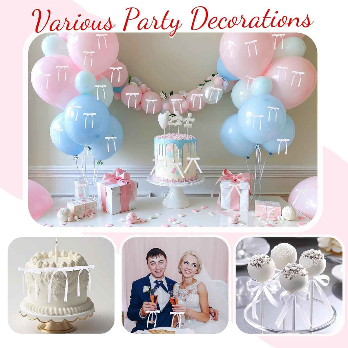 Riceshoot 50 Pcs Twist Tie Bows for Cake 3x4.5 Inch Satin Ribbon Bows for Gift Wrapping Treat Bags