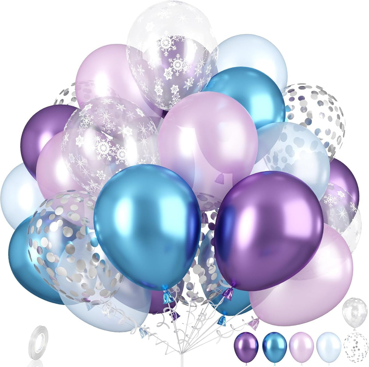 Snow Balloons Set, Pearl Purple Blue Metallic Purple Blue Snowflake Latex Balloon with Silver