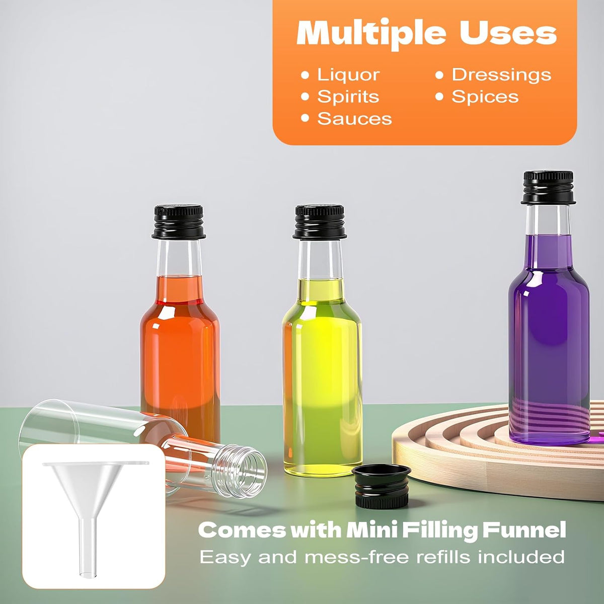 50 Pcs Mini Liquor Bottles with Black Cap, Plastic Alcohol Bottles, 2oz Leakproof Empty Spirit