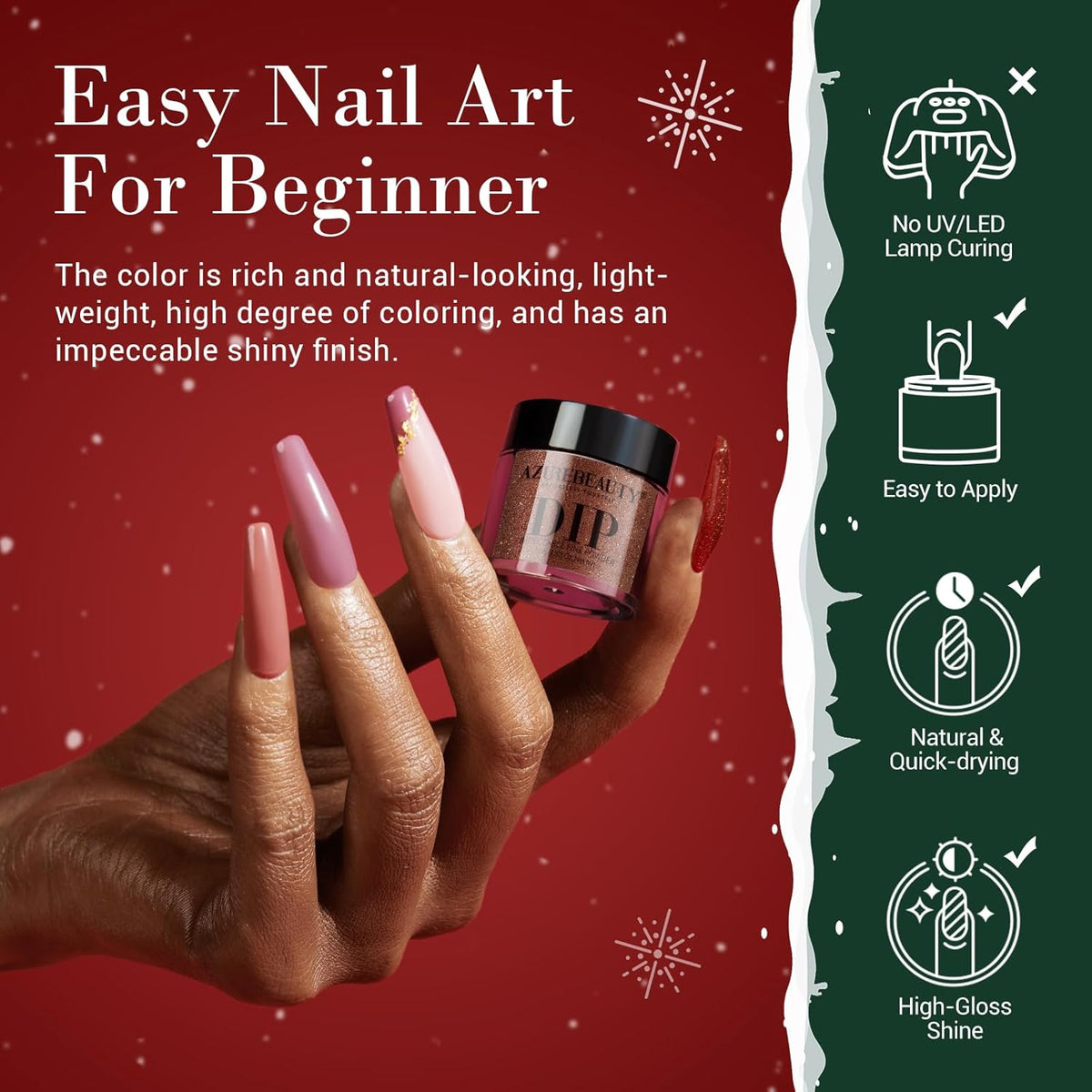 AZUREBEAUTY 31 PCS Dip Powder Nail Starter Kit Christmas, Red Green Gold Grey Acrylic Dipping