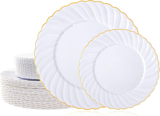 U-QE 60 Pcs White Plastic Plates with Gold Trim – Scalloped Plastic Plates Heavy Duty - Include 30