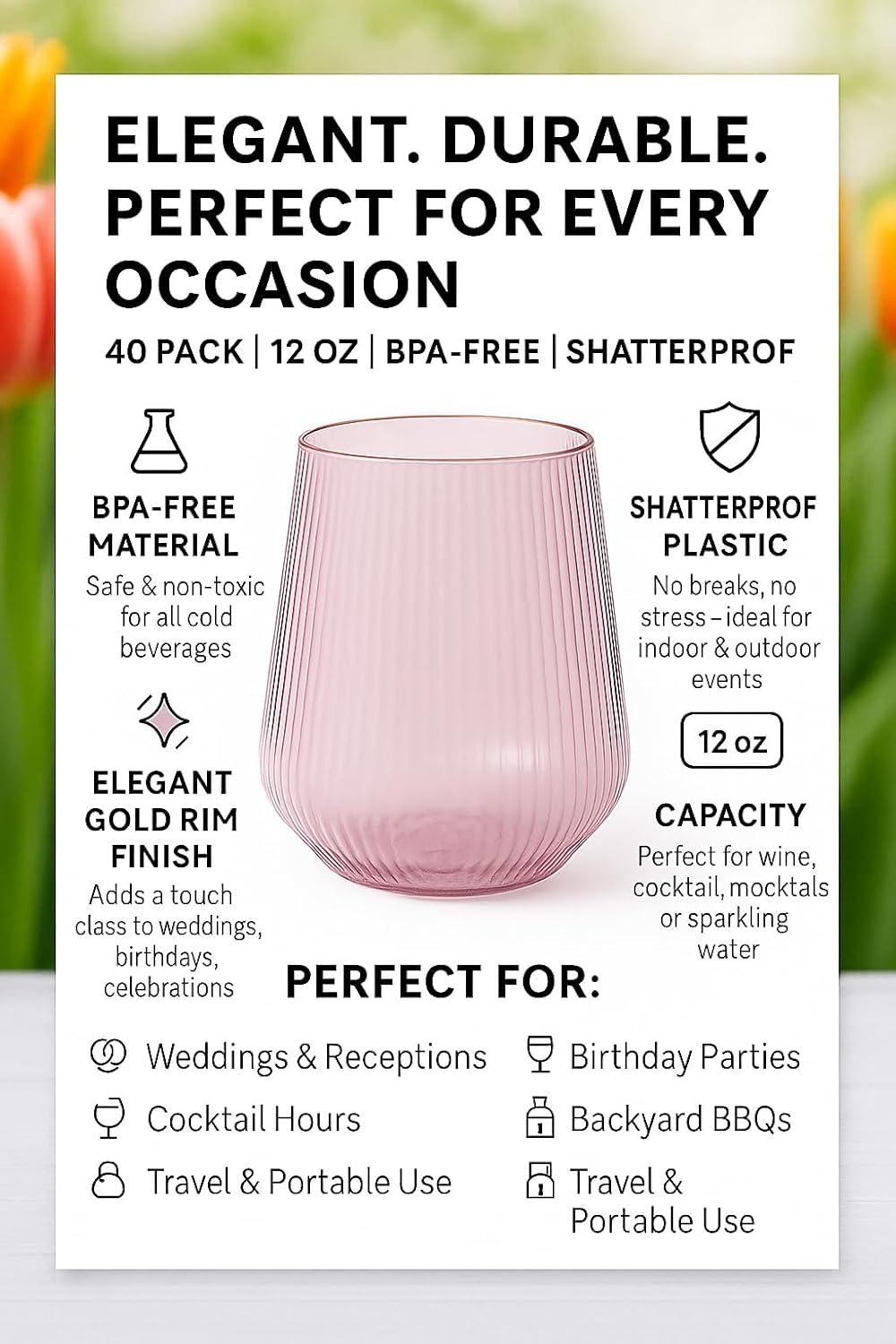 40 count Origami Ripple Unbreakable Stemless Plastic Wine Champagne Whiskey Glasses Elegant Durable