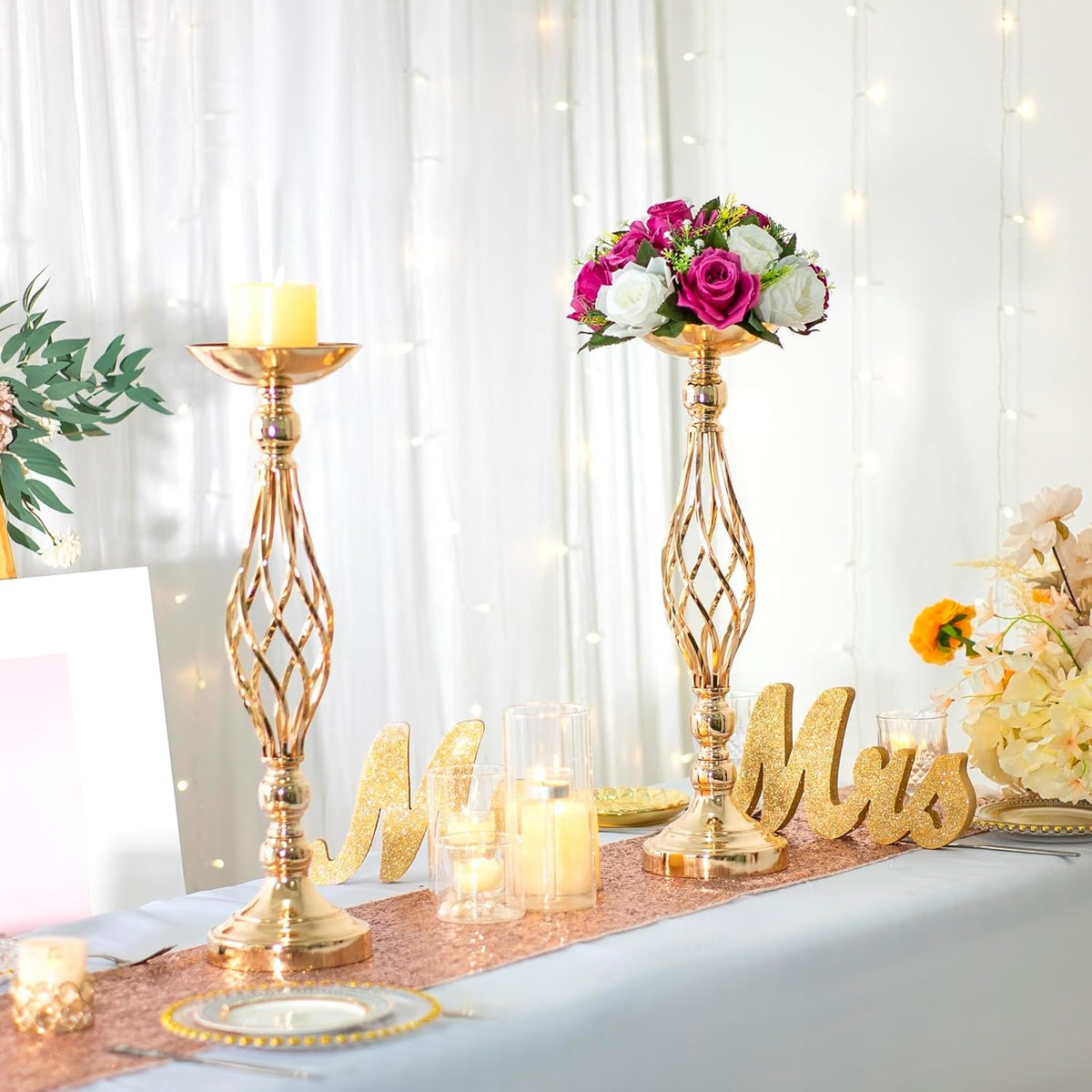 LANLONG 2pcs Metal Gold Candle Holders Road Lead Table Centerpiece Stand Pillar Candlestick for