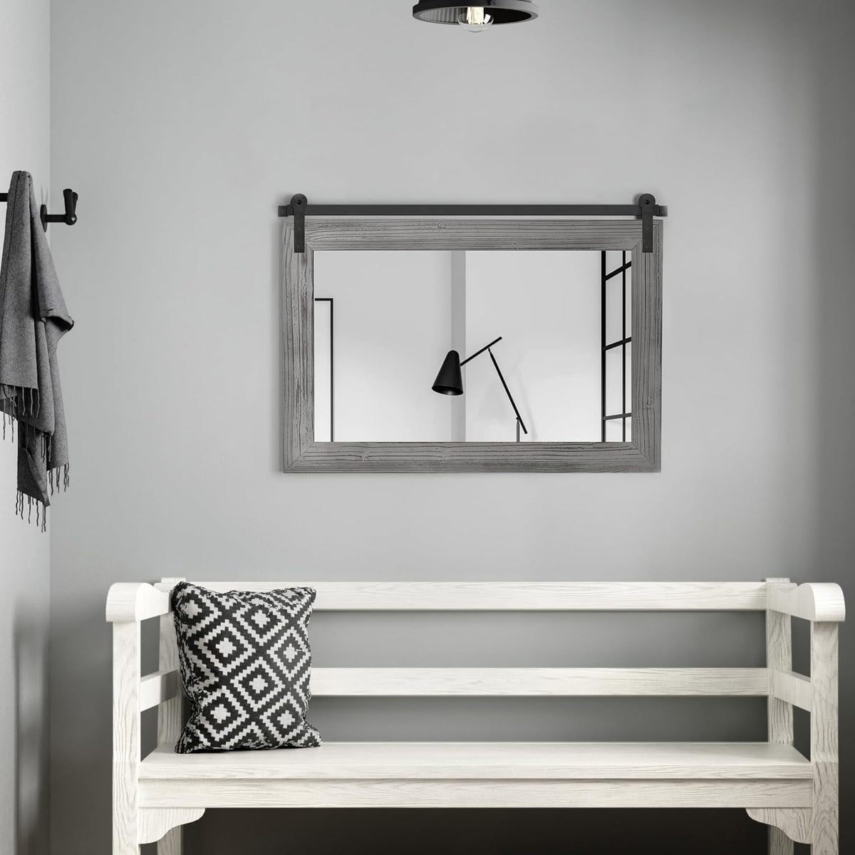 COGOOD Farmhouse Barn Door Mirror - 25" x 18" Rustic Wood Framed Decrative Mirror for Bathroom