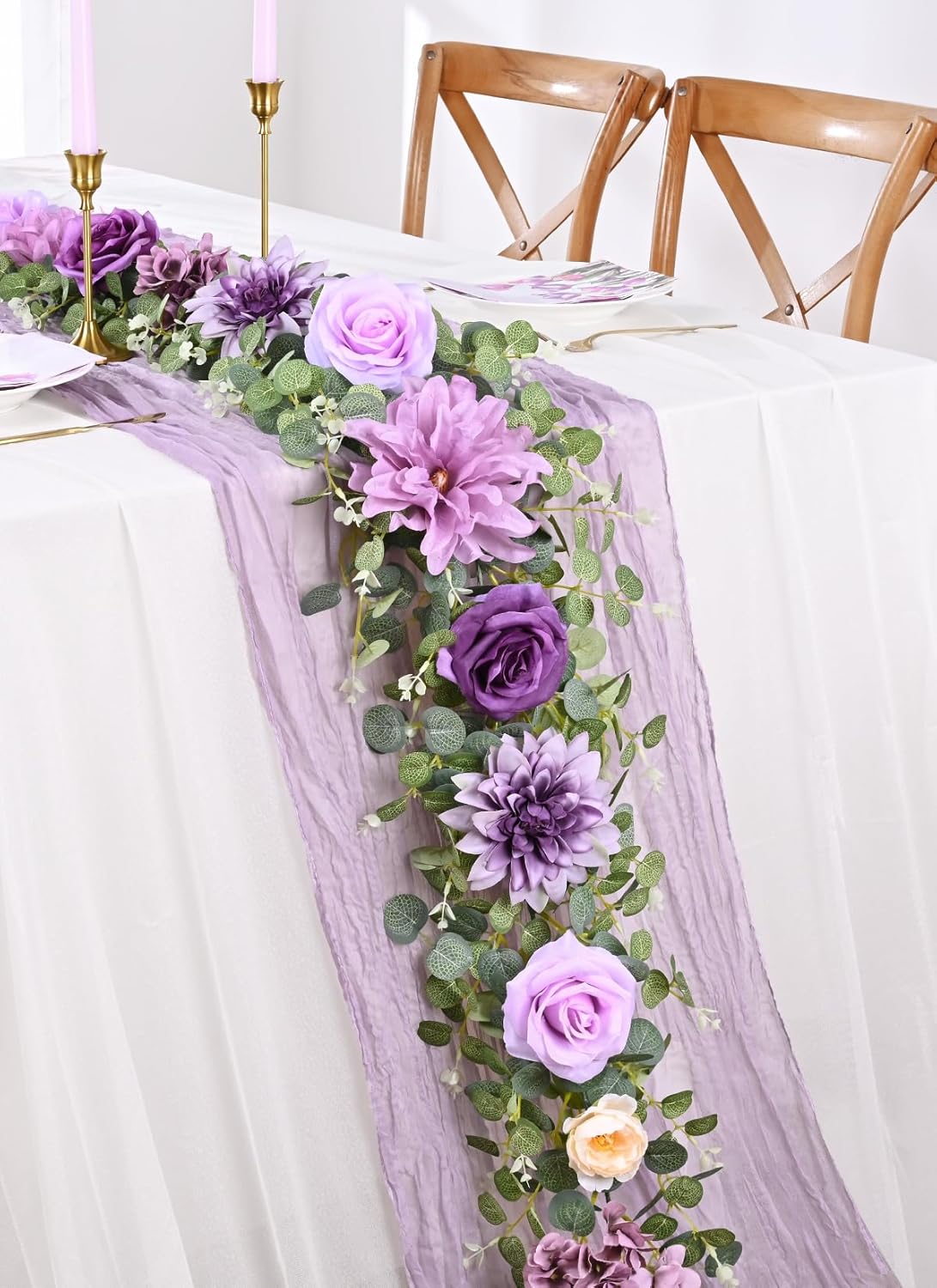 Waipfaru Flower Garland, 6.07Ft Eucalyptus Garland with Flowers, Silk Rose Floral Vines for Wedding