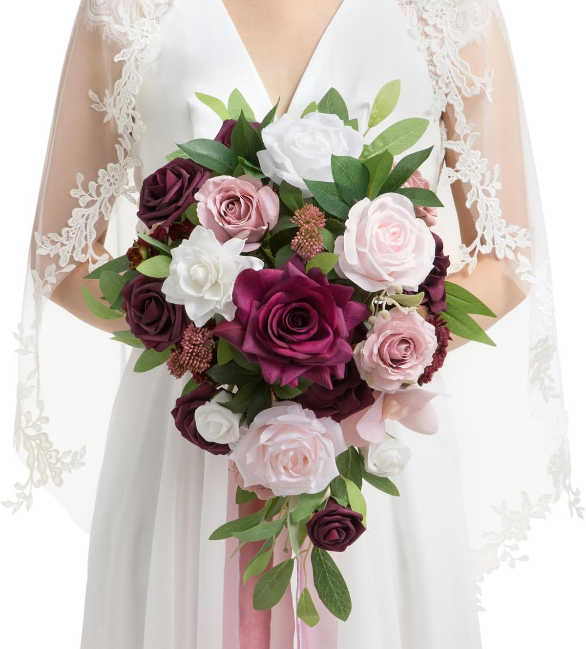 Ling's moment Burgundy Cascading Bridal Bouquet, Marsala Wedding Bouquets for Bride, 13 Inch Birde